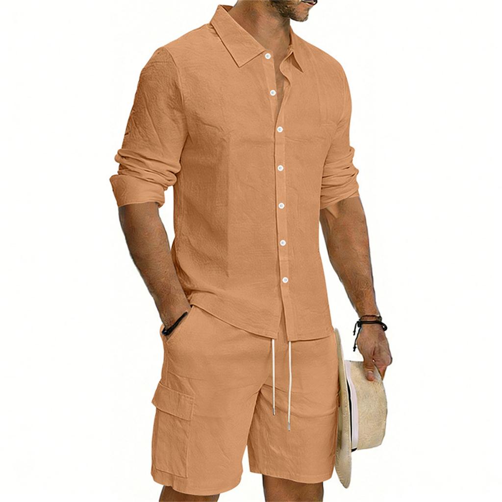 Men's Casual Long-sleeved Tooling Shirt Shorts Set