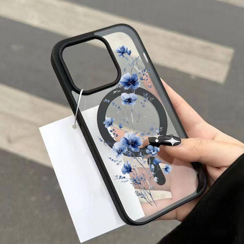 Blue Floral Pattern Magnetic Phone Case For iPhone 17 16 15 14 Pro Max 13 12 11 16E 16 Plus 17 Air Clear Shockproof Bumper Cover