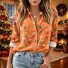 Women's Christmas Print Long Sleeve Button Down Shirt with Two Pockets Casual Blouse