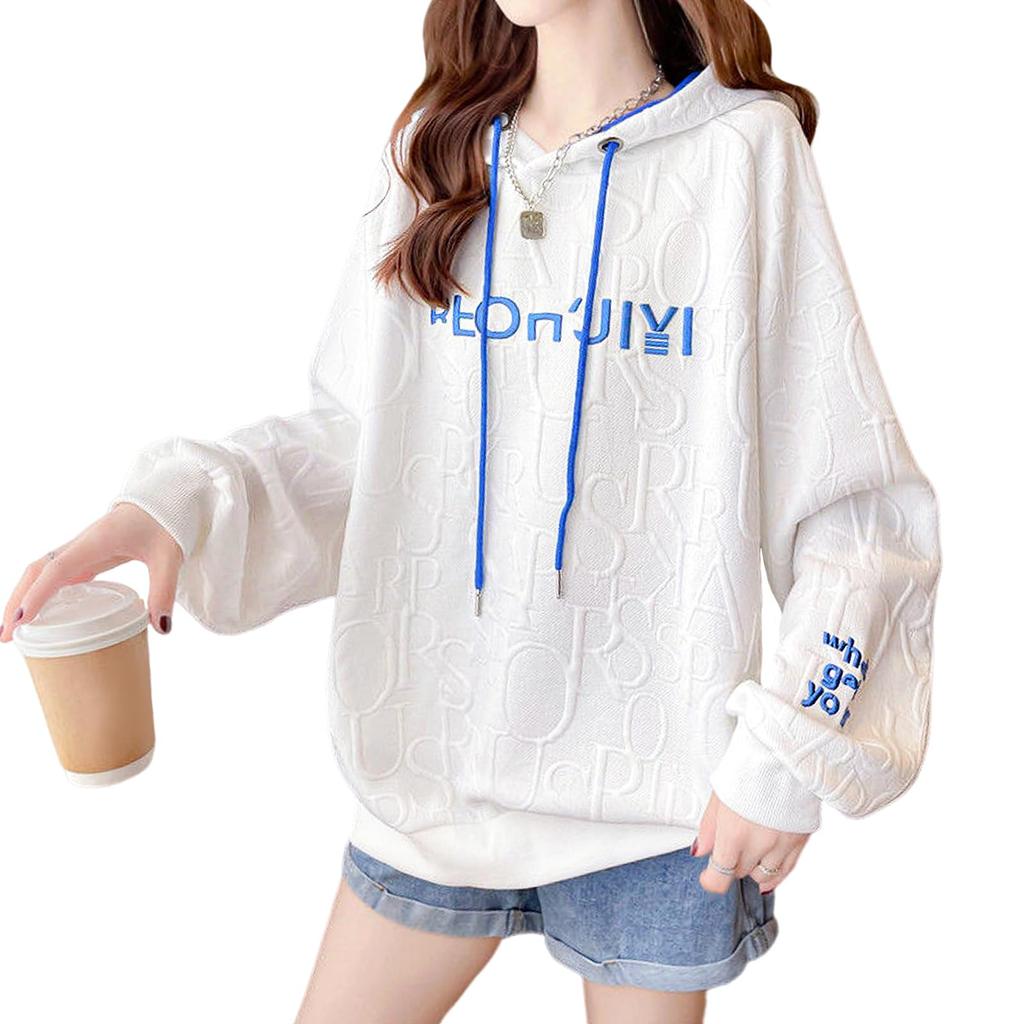 Hoodie Sweatshirt with English 3D Long Stylish Loose Long for Everyday Autumn Women's Letters, Print, Embroidery, Sleeves, Outerwear, Slimming, Fit,