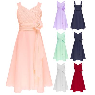 Kids Girls Elegant Flower Dress V Neck Sleeveless Ruched Bodice Cascading Ruffle Chiffon Dress for Wedding Birthday