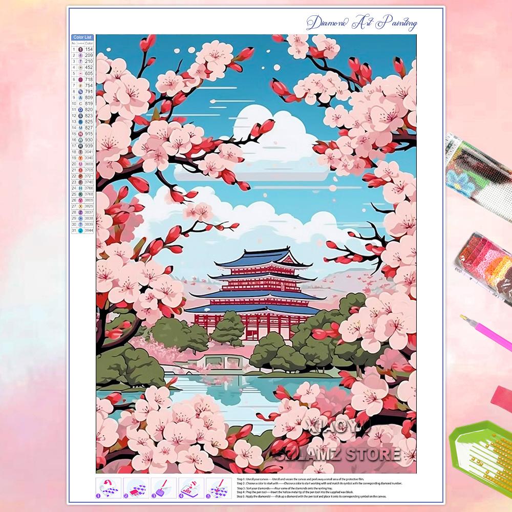 DIY Diamond Painting Cherry Blossom Fuji Mountain Landscape Mosaic Embroidery Cross Stitch Kit Living Room Home Art Wall Decor