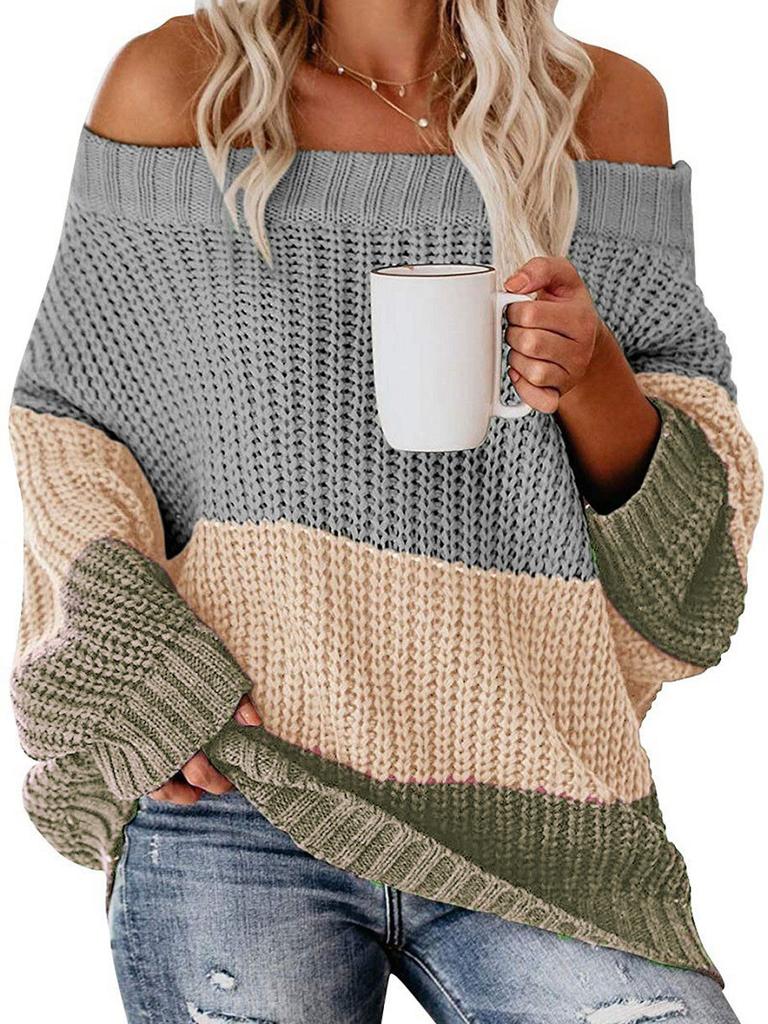 Women's Autumn Winter Knit Set Sweater Loose Patchwork Color One-Shoulder Crewneck Pullover