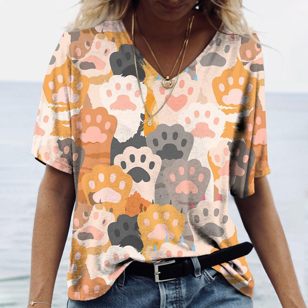 Summer 3D T-shirt Short Sleeved Cat Print Women's V-neck T-shirt