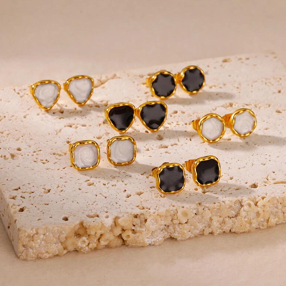 Stainless Steel Enamel White Heart Earring for Women Minimalist Gold Color Stud Earrings Waterproof Vacation Charm Zircon Gifts