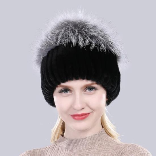 New Outdoor Good Elastic Natural Rex Rabbit Fur Hat Women Winter Knitted Real Sliver Fox Fur Cap Lady Real Fur Hats