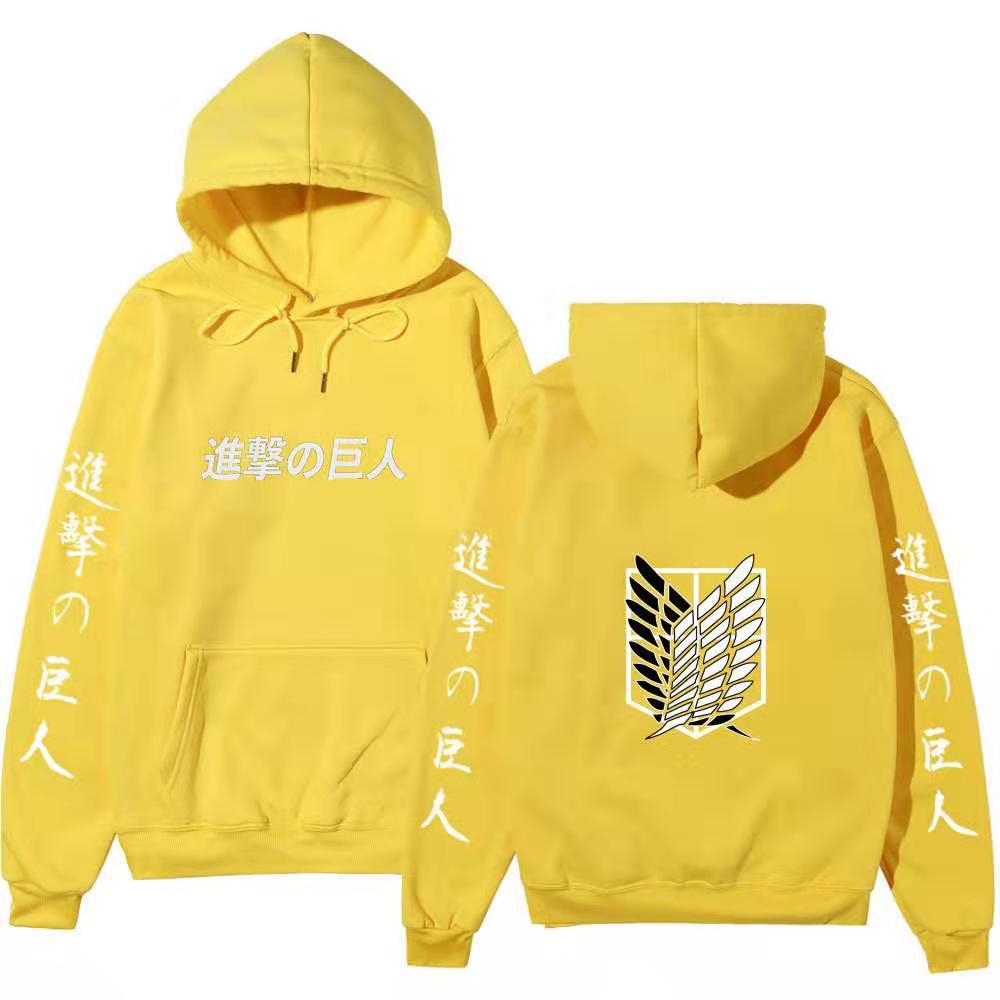 Attack on Titan Unisex Fleece Hoodie Front Japanese Text, Back Wings of Freedom Logo Autumn Winter Casual Pullover
