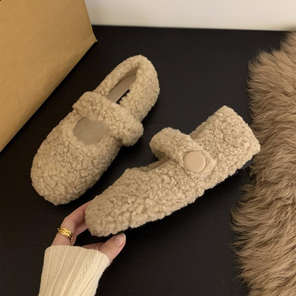 Flat-bottomed Versatile Mary Jane Lamb Wool Shoes Women's Shoes Wear 2025 New Autumn and Winter Velvet Cotton Shoes Single Shoes