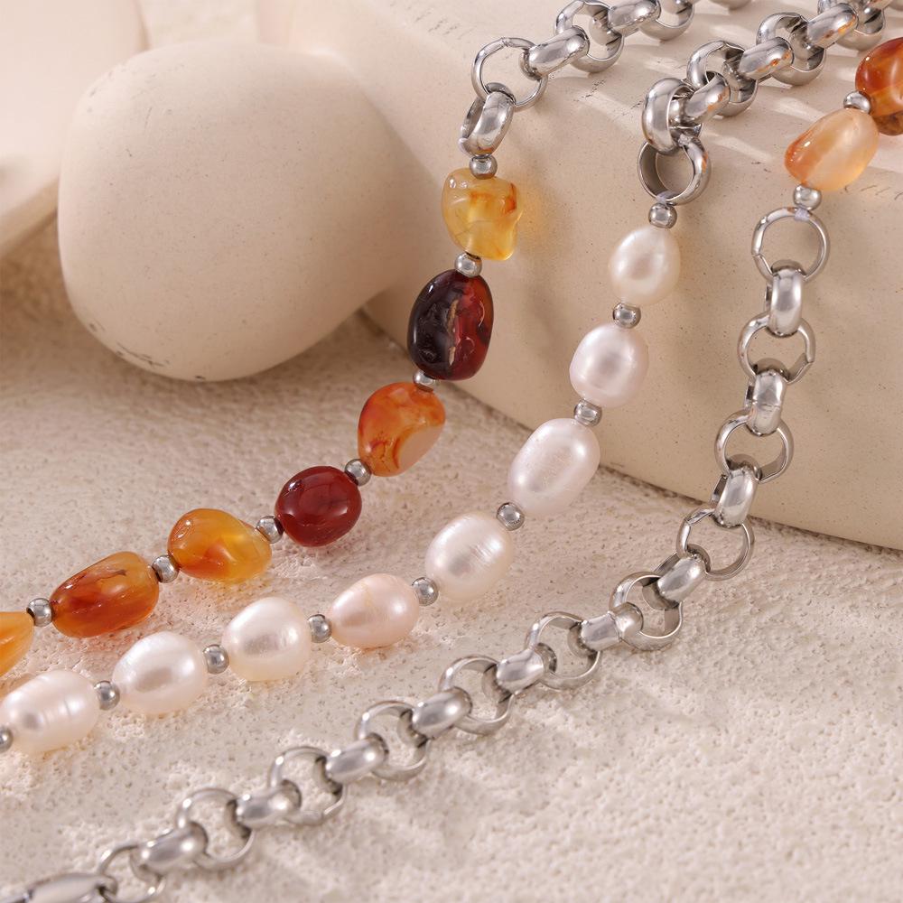 Elegant 18k Gold-Plated Titanium Necklace: Natural Stone, Pearl Beads & O-Chain