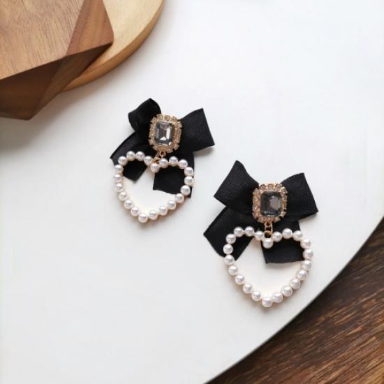 S925 Needle Sweet Jewelry Black Bowknot Earrings New Design Crystal Glass Simulated Pearls Heart Drop Earrings For