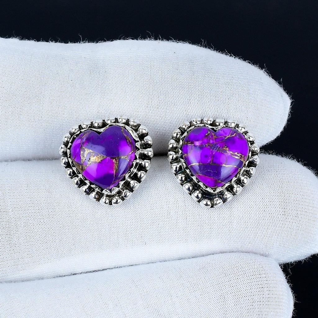Purple Spiny Turquoise Earrings | 925 Sterling Silver Stud Earrings | Handmade Gemstone Love Studs Heart Earrings | Boho Jewelry Christmas Gift