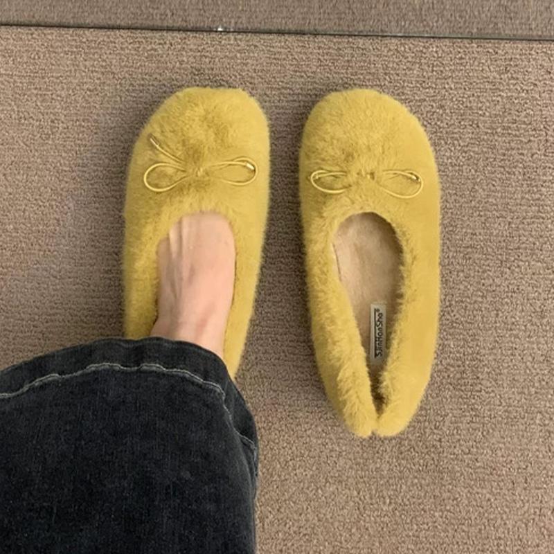 Fashion Fur Women Cotton Shoes Bow Warm Flats Cozy Shoes Winter Fashion Shallow Snow Boots 2025 New Short Plush Dress Botas De Mujer