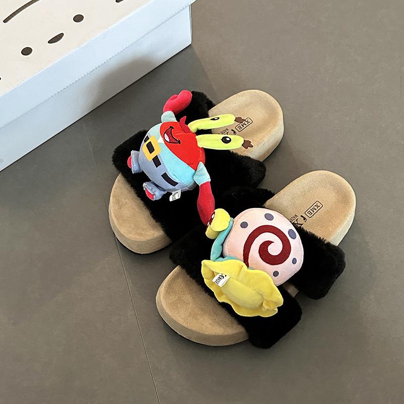 Piaohong cartoon animation crab boss snail fluffy slippers women 2025 autumn and winter new non-slip heightening cotton slippers