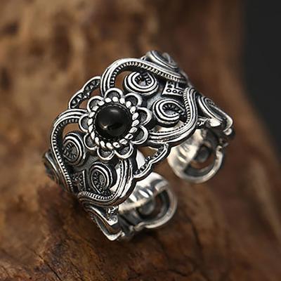 Original Hollow Pattern Open Ring Designer Craft Black Agate Stone Elegant Charm Thai  Women'S Jewelry