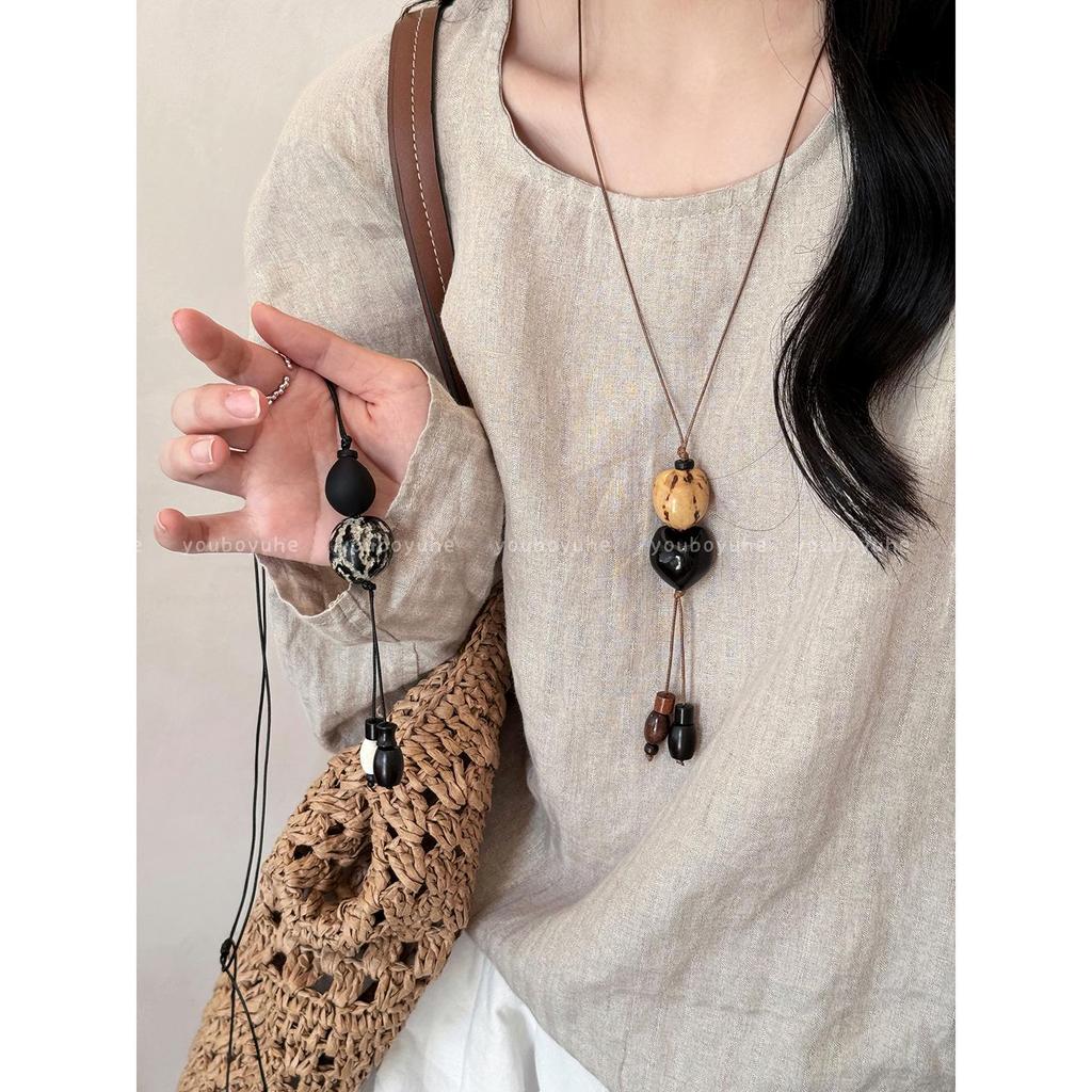 New Chinese Style Heart Pendant Beaded Necklace - Elegant Retro Long Sweater Chain for Women