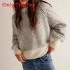 Streetwear Knit Sweater With Flannel Pattern For Women Winter Casual Long Sleeve