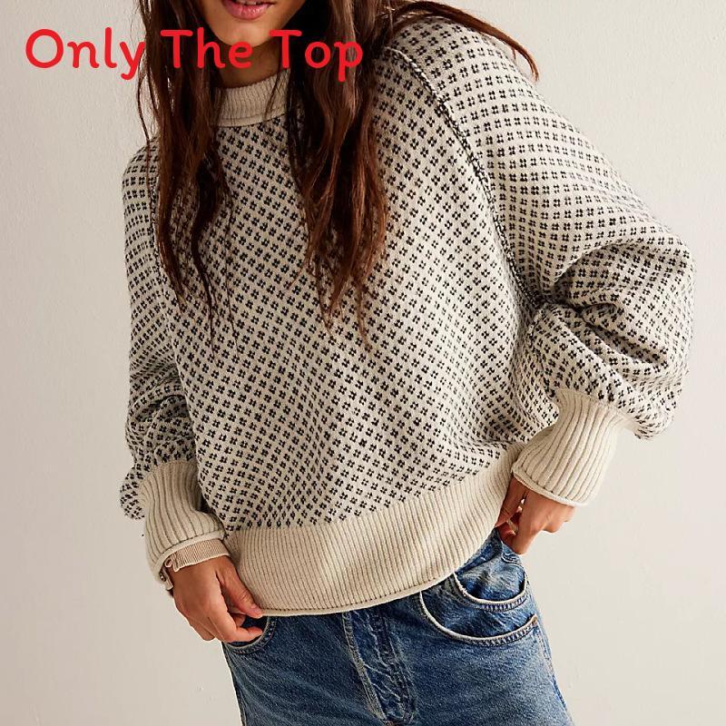 Streetwear Knit Sweater With Flannel Pattern For Women Winter Casual Long Sleeve
