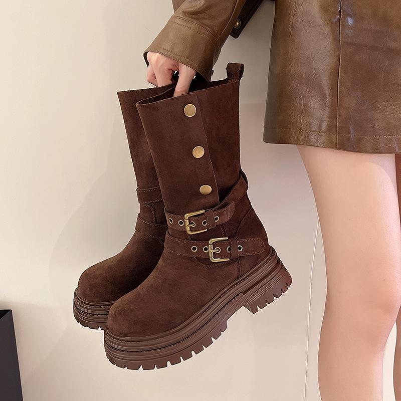 Brown Retro British Style Thick Heel Thick-soled Martin Boots Women's 2025 New Spring and Autumn Thin and Heightened Short Boots