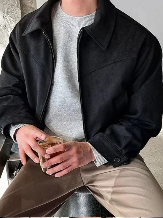 Korean Men's Suede Bomber Jacket: Autumn/Winter, Short, Loose, Thickened, Lapel, Zipper, Hong Kong Style.