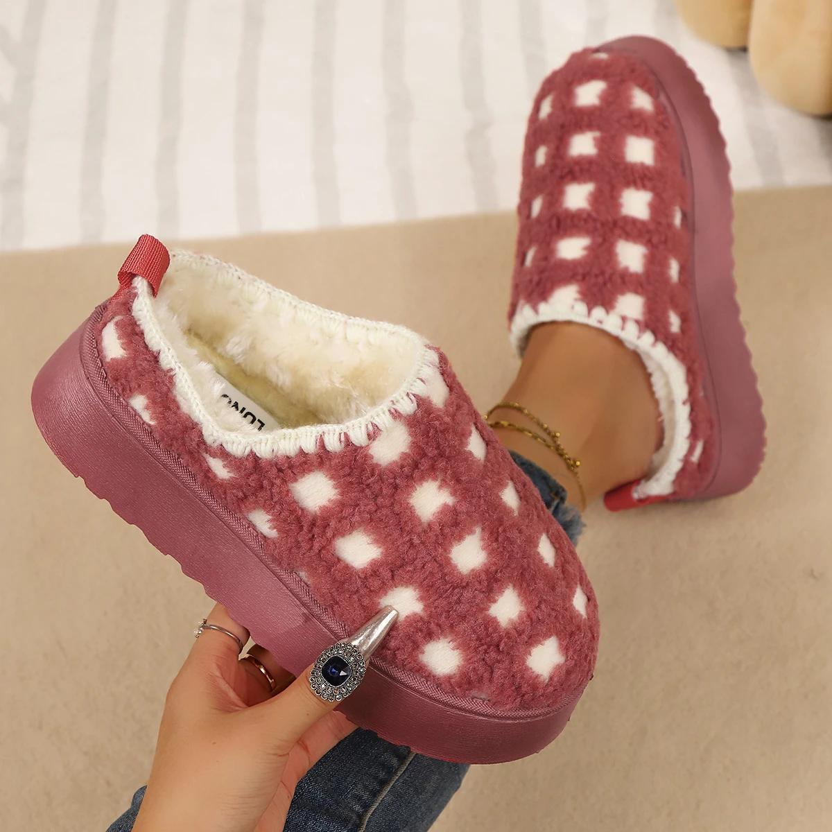 

Women Winter Snow Boots Thick Bottom Warm 2025 Outdoor Canvas Plaid Decorative Lace-Up Boots Round Toe Comfortable Boots Women 36 розовый