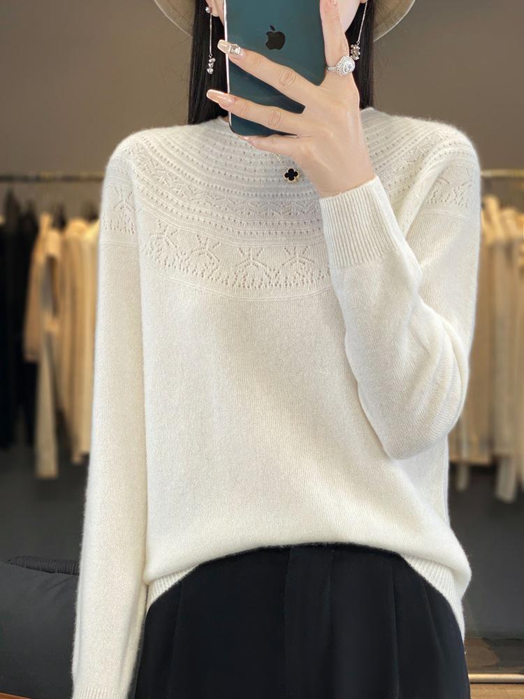 Autumn/Winter Women's Loose Knit Pullover: Long Sleeve, Rolled Hem, Round Neck Base Layer.
