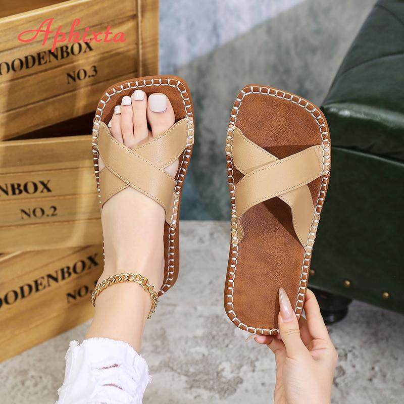 Aphixta Concise Cross Strap Slides TPR Sole Woman Slippers Square Toe Flip Flops Wine Red Flat With Beach Shoes Outside Sandals