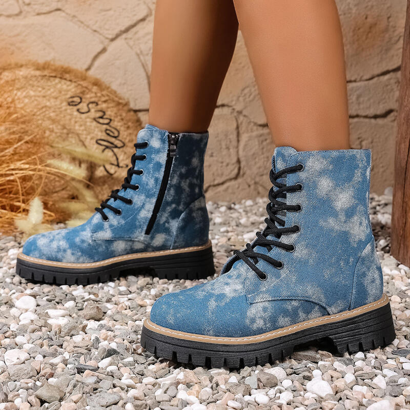 Fashion Thick Bottom Denim Ankle Boots Women 2025 Autumn Fashion Tie-Dye Side Zip Western Cowboy Boots Woman's Platform Shoes Plus Size