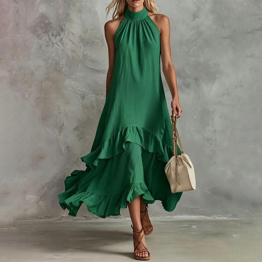 Women's Summer Retro Elegant Casual Round Neck Sleeveless Ruffled Midi Beach Dress