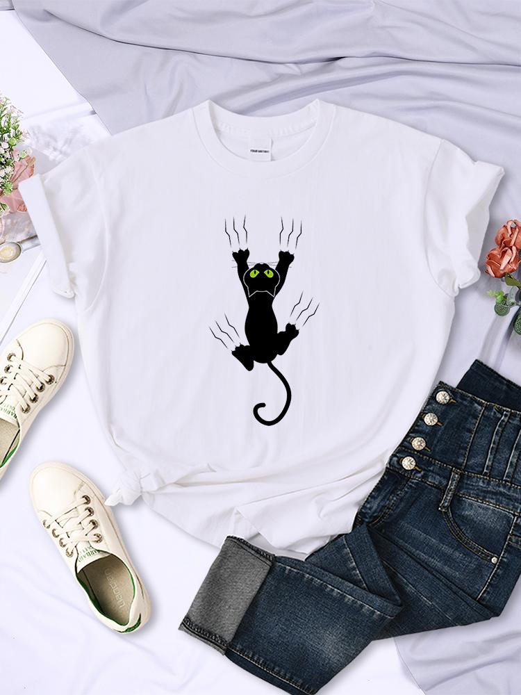 Naughty Black Cat Printed Women Tee Clothing Casual Breathable Short Sleeve Vintage Summer O-Neck Tops Fashion Womans T-Shirts