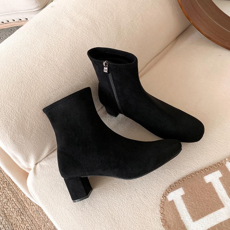 Cowhide Version Round Head Thick Heel Side Zipper Elastic Socks Boots Heightening Martin Boots Thin Boots Women'S Short Boots