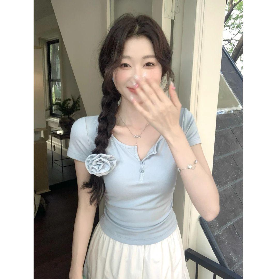 

Pure desire style slim fit and thin comfortable top women s clothing summer 2025 new temperament versatile short-sleeved T-shirt S синий