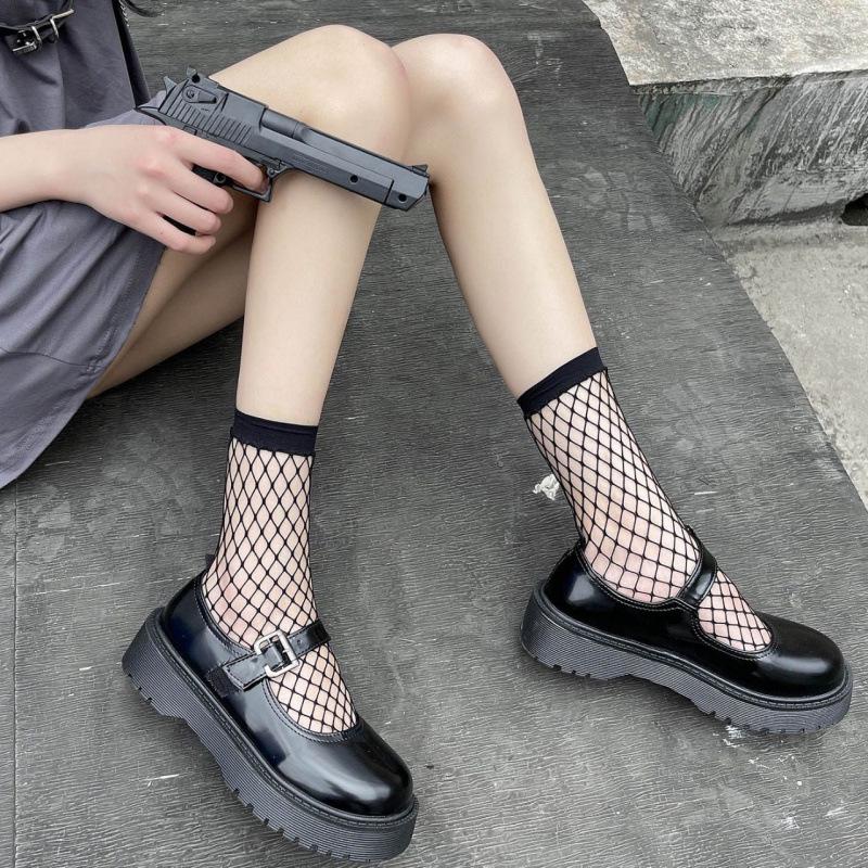 Women's Black Sexy Mesh Fishnet Ankle Socks - Spring/Summer Transparent Grid Design