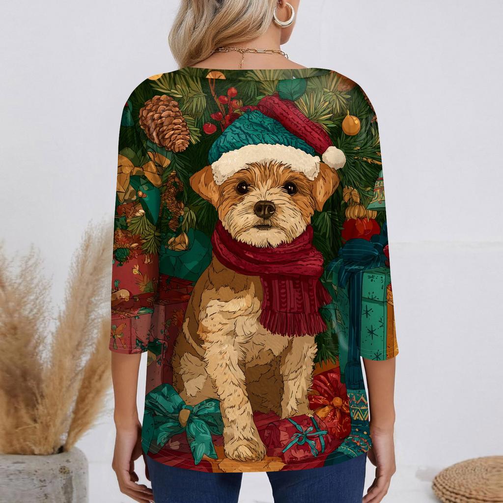 3/4 Sleeve Shirts For Women Print Christmas Tees Blouses Casual Plus Size Basic Tops Pullover