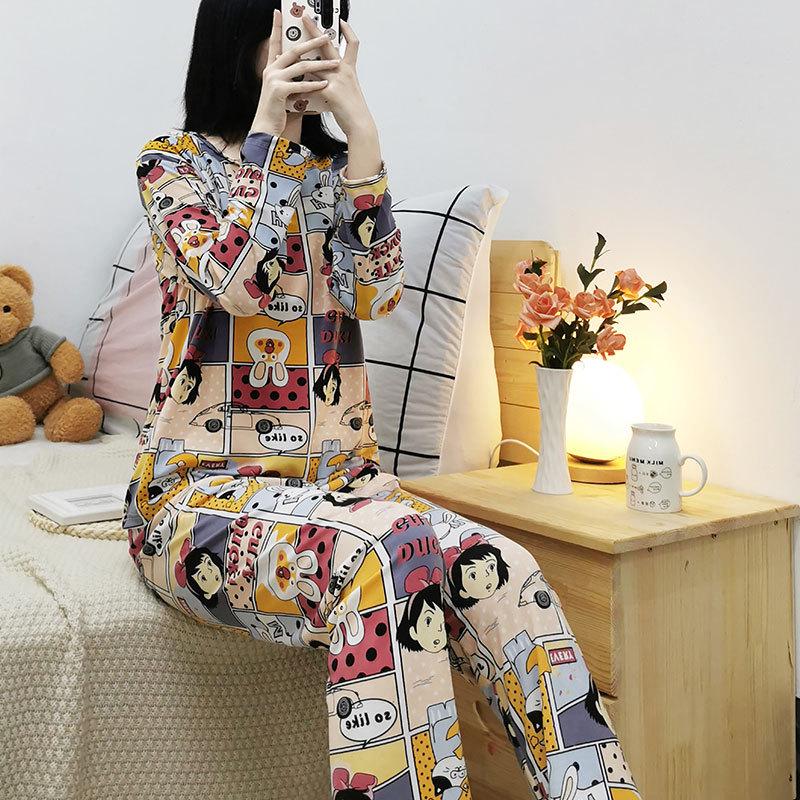 

Женский маленький мультяшный пижамный комплект - Тонкий с круглым вырезом для весны и осени XXL