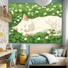 2D Adorable Sleeping Cat in Flower Garden Tapestry Green Grassland Art Wall Decor Cloth for Home & Bedroom
