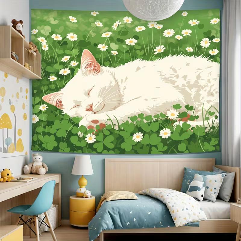 2D Adorable Sleeping Cat in Flower Garden Tapestry Green Grassland Art Wall Decor Cloth for Home & Bedroom
