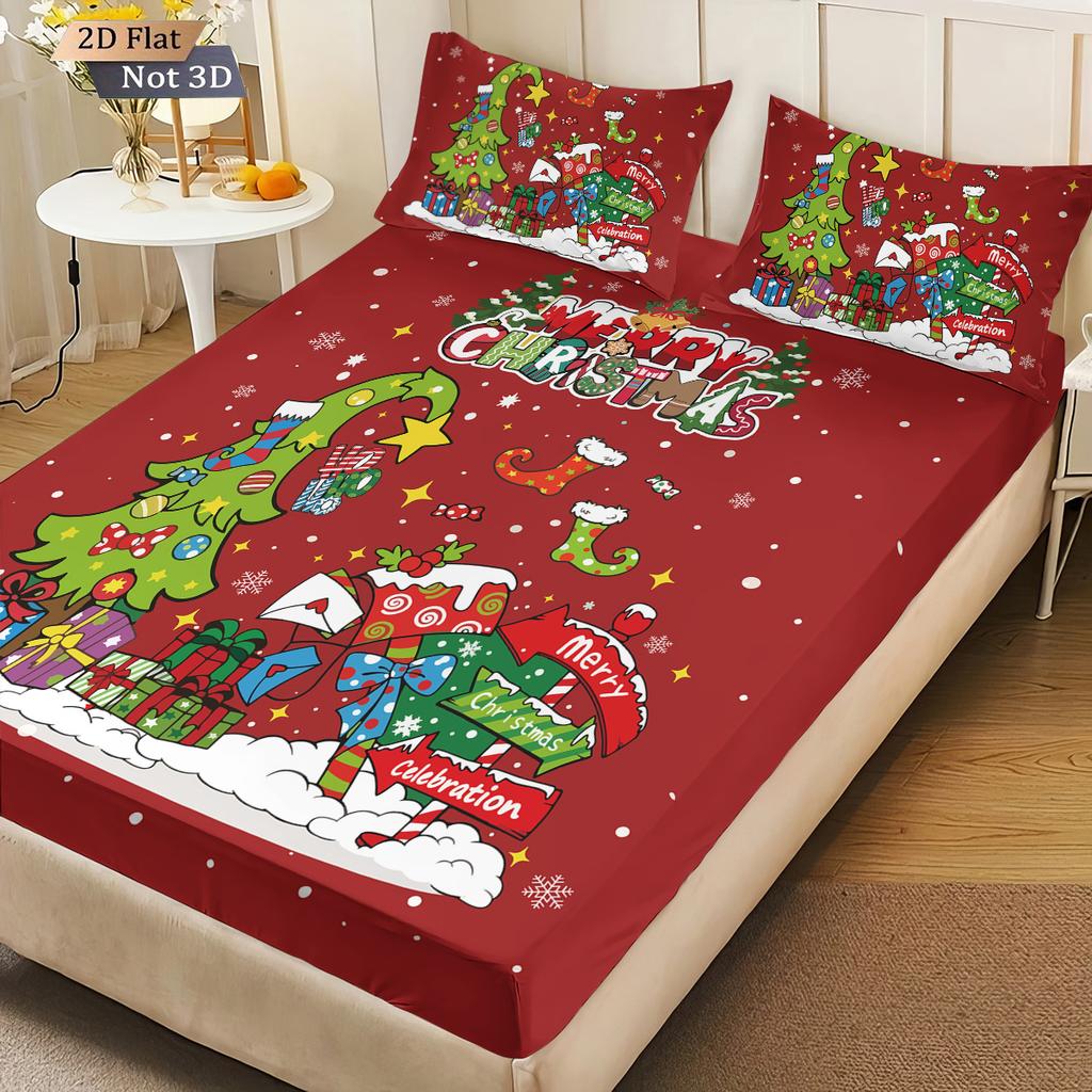 3ks Vánoční strom Abstraktní červený potisk Bezjádrová sada prostěradel Více velikostí Přikrývka na postel Ložnicové povlečení Sváteční dekorace