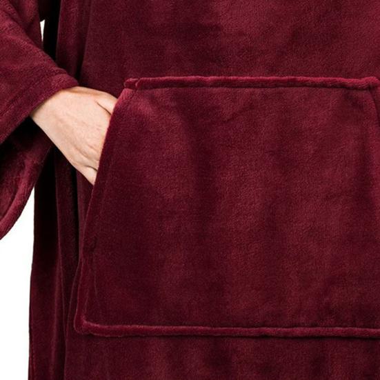 Winter Wearable Blanket with Big Pocket Anti-static Thick Coral Fleece Loose Long Sleeves Solid Color Heat Retention Full Protection Home Blanket