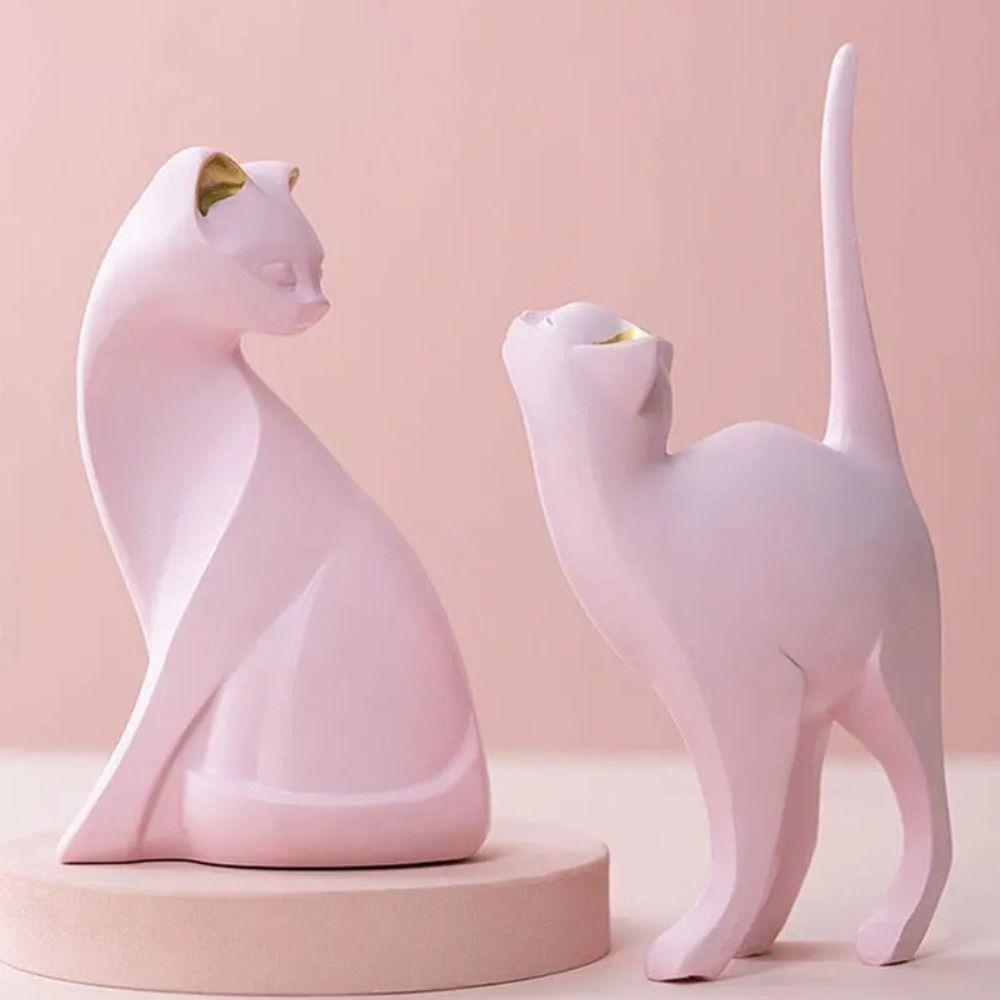 Modern Animal Figurine Resin Cat Model Home Decor Pink Cat Sculpture  Coffee Shop