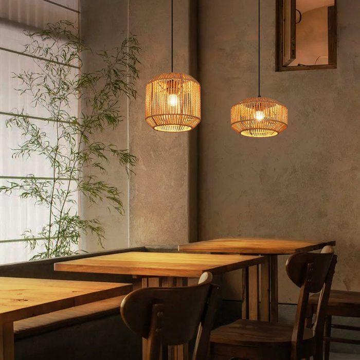 Lampe à suspension - NETTLIFE - Lanterne corde de chanvre 1 flamme - Jaune - E27 - Pour salle à manger