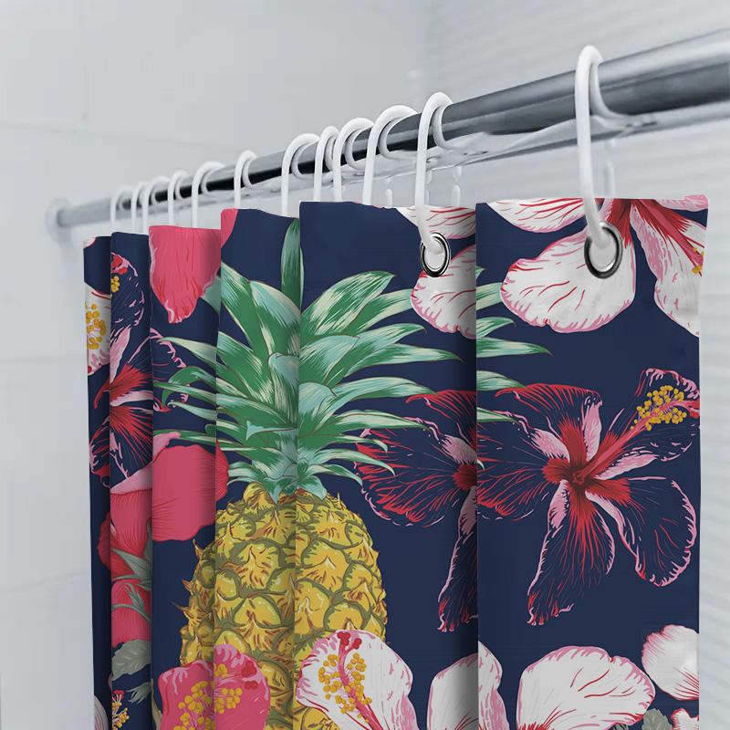 Tropical Pineapple Hibiscus Printed Shower Curtain For Bathroom Decor Navy Blue, Pink Red Floral 72 X 84 Waterproof Fabric With
