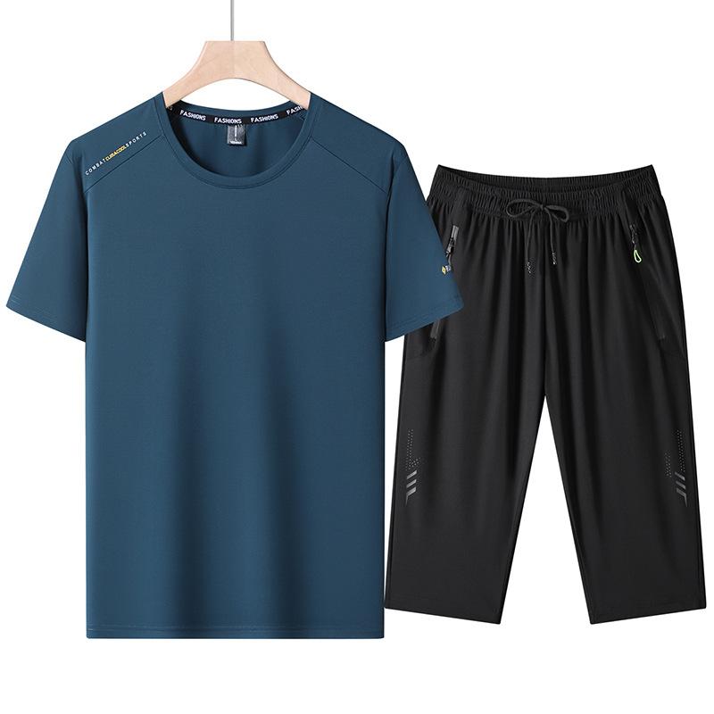 

Летний костюм из ледяного шелка с круглым вырезом и короткими рукавами, мужской, для занятий спортом на открытом воздухе, свободный, быстросохнущий, футболка, укороченные брюки, костюм-двойка 7XL