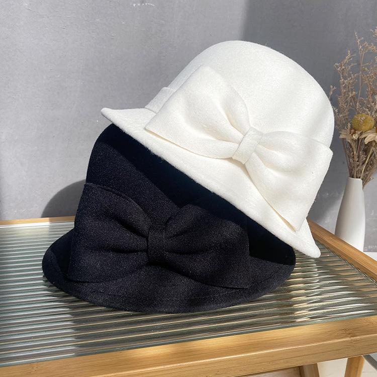 Cappello a secchiello in lana autunnale e invernale da donna con fiocco alla moda e semplice a tesa stretta Cappello a cilindro elegante in feltro da celebrità