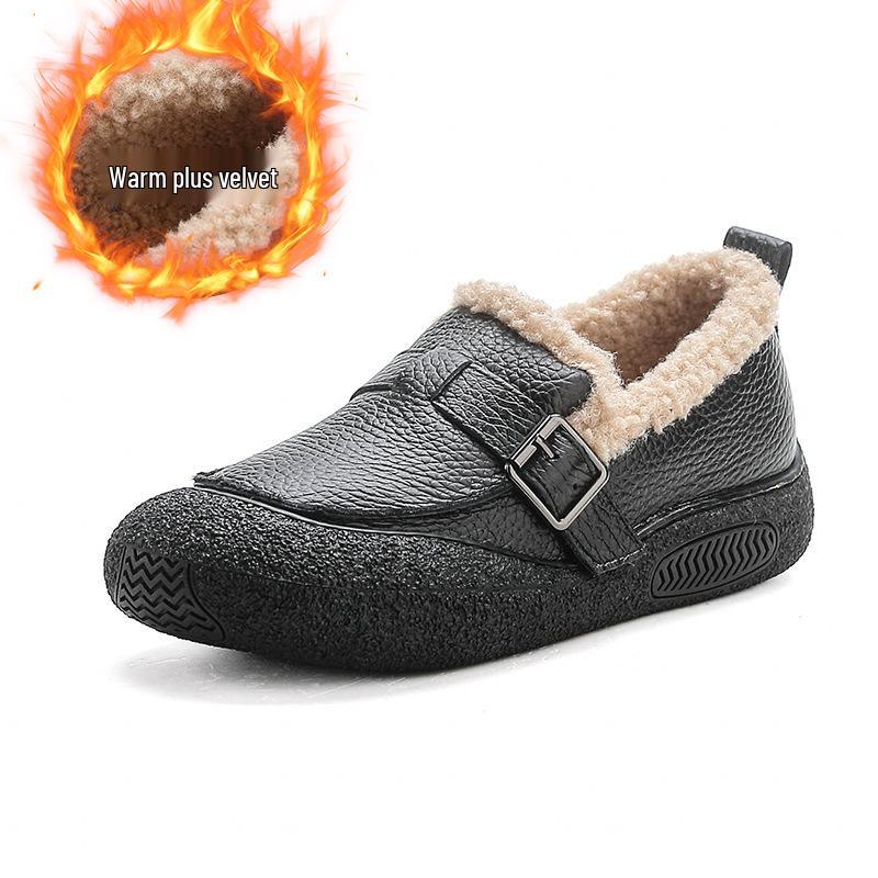 

Женские туфли-балетки из натуральной кожи - на флисовой подкладке, толстая подошва из говяжьей жилы, теплая повседневная зимняя обувь 41 чёрный