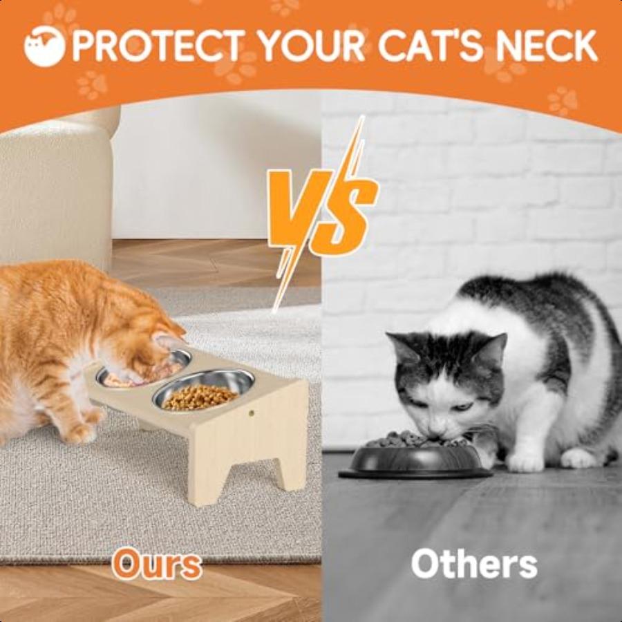 Elevated Cat Bowl 15 Tilted Wooden Cat Bowl Stand with 2 Stainl Bowls for Food and Water Food Bowls Stand for Indoor Cats