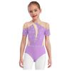 Girls Figure Skating Bodysuit Short Sleeve Cutout Back Sheer Mesh Patchwork Shiny Rhinestones Metallic Dancewear