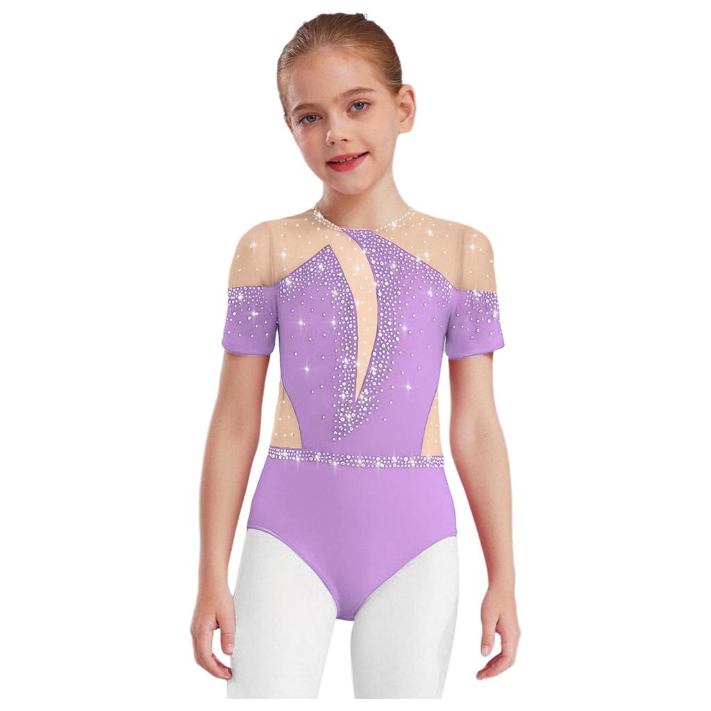 Girls Figure Skating Bodysuit Short Sleeve Cutout Back Sheer Mesh Patchwork Shiny Rhinestones Metallic Dancewear