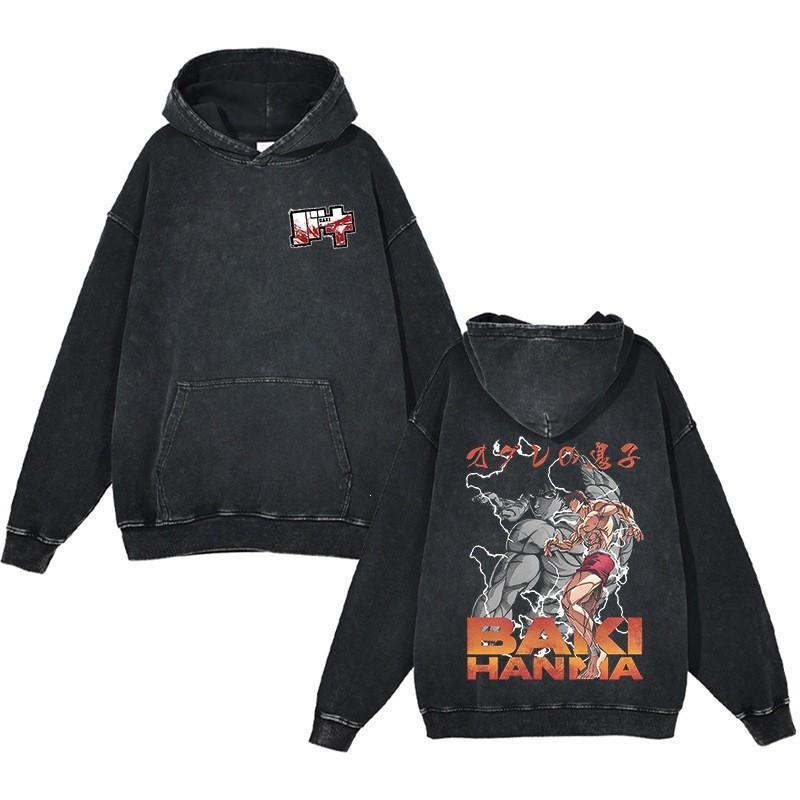 Baki Hanma Anime Streetwear Hoodie Heavyweight Cotton Washed Vintage Style Mens Long Sleeve Pullover