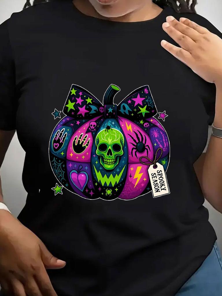 TXWomen's Trendy Crew Neck T-Shirt Colorful Halloween Pumpkin Skull Design Suitable for Casual Sportswear