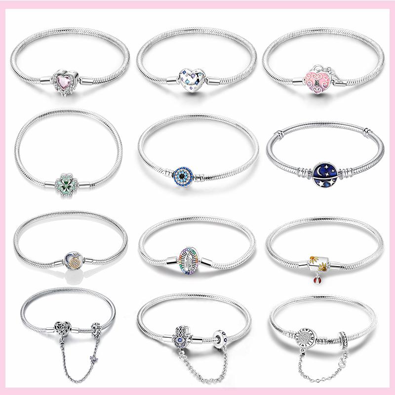 925 Sterling Silver Bracelet Star Moon Blue Eyes Zircon Heart Safety Chain Bracelets Snake Bone Chain Fit DIY Charms Jewelry